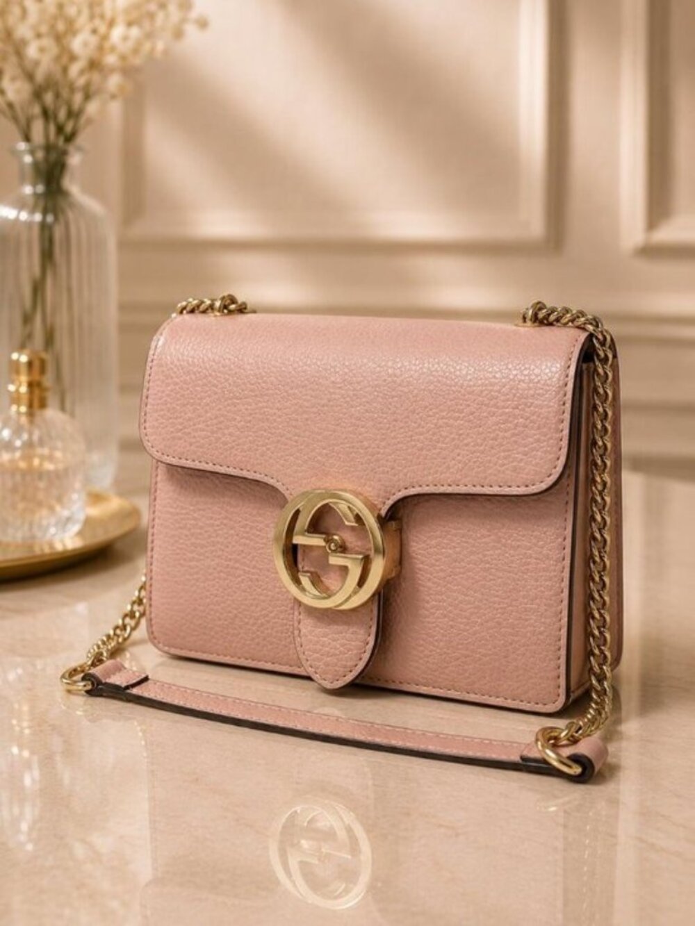 Authentic Gucci Interlocking G Chain Shoulder Bag Pink Pebbled Leather Crossbody